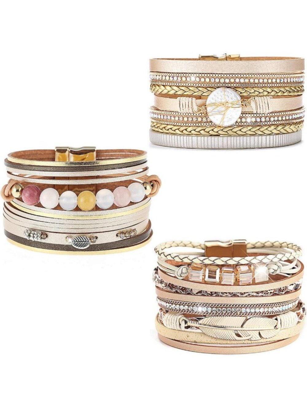 Stylish 3-Pack Leather Cuff Bracelet Set | Multilayer Wrap, Crystal & Feather